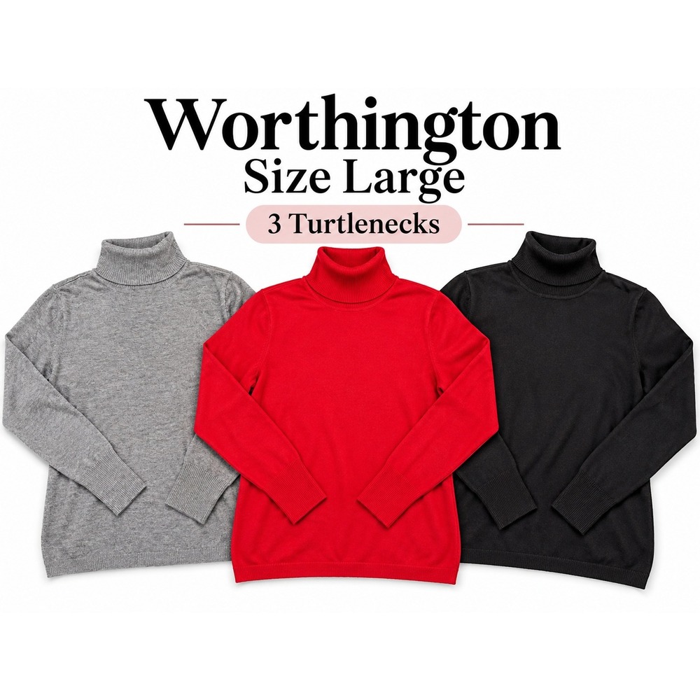 Worthington Size Large Women's Turtleneck Sweater Lot of 3 Gray Red Black
